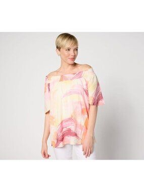 Denim & Co. Women Top Sz XL Naturals Linen Blend Flutter Sleeve Pink A644117